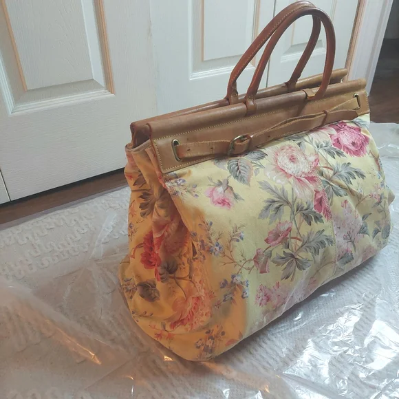 Vintage 80's Ralph Lauren Floral Carpet Tapestry Leather Satchel- Travel Bag! - Picture 2 of 16